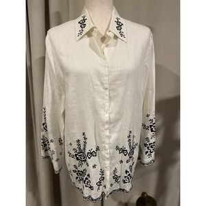 Blaine Trump Vintage Women's Shirt 100% Linen‎ Medium With Embroidery